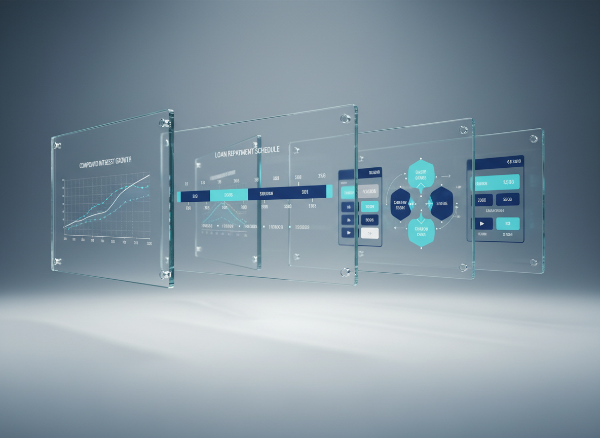 An array of transparent glass panels floating in a softly lit, abstract digital space, each panel displaying different financial calculator interfaces: compound interest graphs, loan repayment timelines, and cash flow projections in consistent navy, turquoise, and white palettes. The panels are arranged in a subtle curve, leading the eye into the distance, suggesting depth and scalability. Cool, diffused studio lighting creates soft reflections along the glass edges and a faint glow behind the data. Photographic realism with a slightly wide-angle lens, centered composition, and moderate depth of field ensures all panels remain legible. The mood is precise, high-tech, and professional, conveying the power and breadth of a comprehensive financial calculation toolkit.