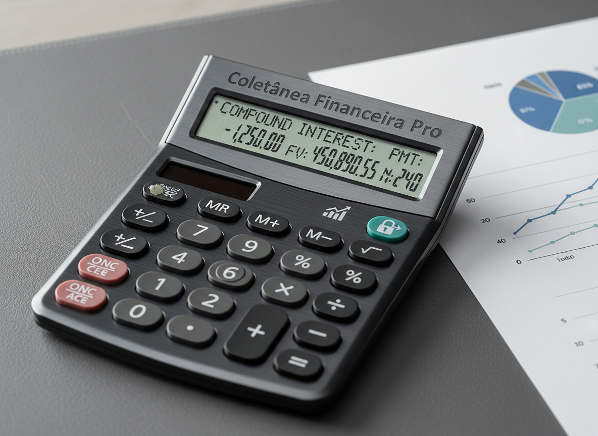 A detailed close-up of a metallic, premium-feel physical calculator custom-branded with “Coletânea Financeira Pro” embossed in subtle dark chrome on its top edge, resting on a textured graphite-gray desk pad. The calculator display shows a neatly formatted compound interest result, with small icons representing savings, investments, and loans under the screen. A minimalistic printed financial report with crisp graphs in muted blues and greens peeks into the frame from the right. Side lighting from the right creates elegant highlights on the brushed metal surface and crisp shadows along the calculator’s beveled keys. Photographic realism, shot at a low, slightly angled perspective, producing a professional, serious, and trustworthy mood.