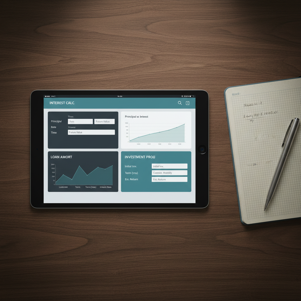 A close-up of a professional financial calculator app on a high-end tablet lying flat on a dark walnut desk, the screen filled with clearly segmented modules for interest calculation, loan amortization, and investment projections in refined teal and charcoal tones. Next to the tablet, an open linen-textured notebook with neatly aligned grid pages and a slim metal pen reinforces precision. Overhead soft studio lighting creates a smooth, even illumination with gentle, controlled shadows that emphasize the tablet’s sleek edges. Photographic realism, captured from a top-down bird’s-eye view with sharp focus across the entire frame, creating a clean, modern, and highly organized atmosphere perfectly suited to a premium financial SaaS brand.