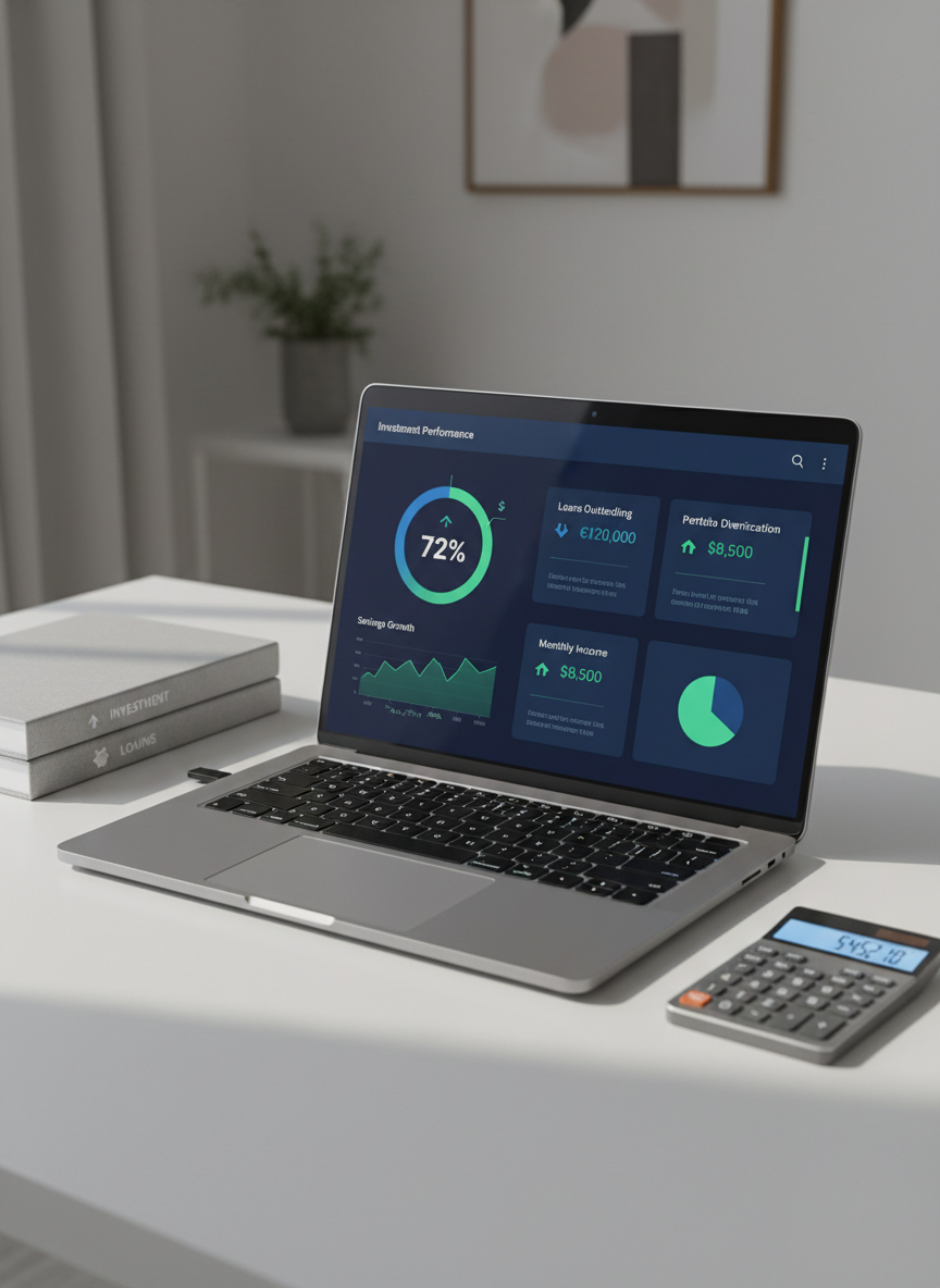 A sleek, ultra-modern laptop displaying a clean financial dashboard with charts, percentages, and currency symbols in deep blue and emerald green tones, resting on a tidy matte-white desk. Around it, there are organized folders labeled with subtle icons for investment, savings, and loans, plus a slim metallic calculator with a glowing digital screen. Soft daylight from an unseen window to the left creates gentle reflections on the laptop’s brushed aluminum surface and casts precise shadows across the desk. Photographic realism, shot from a slightly elevated eye-level angle with a shallow depth of field, keeping the laptop screen in razor-sharp focus while the background fades into a tasteful blur, conveying a professional, trustworthy, and efficient financial workspace.